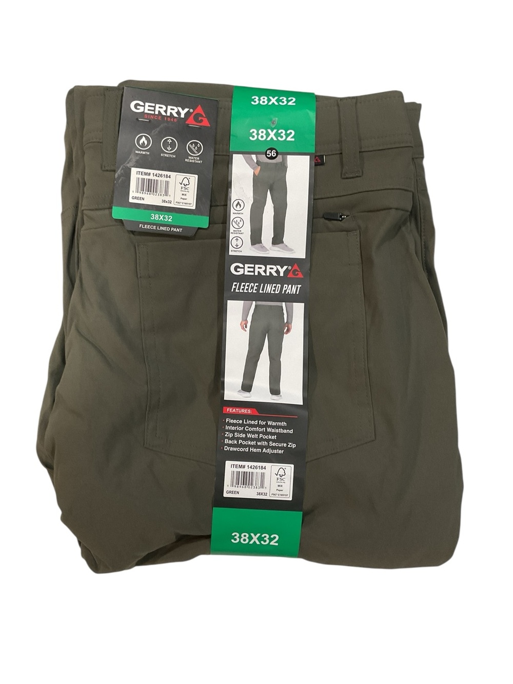 Gerry Mens Fleece Lined Pant Green Water Resistant Stretch 38x32 1426184